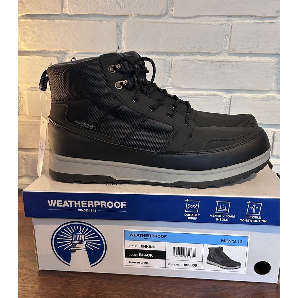 NWT Weatherproof Jenkins Mens Black Lace Up Ankle Boots Memory Foam Size 13 Snow
